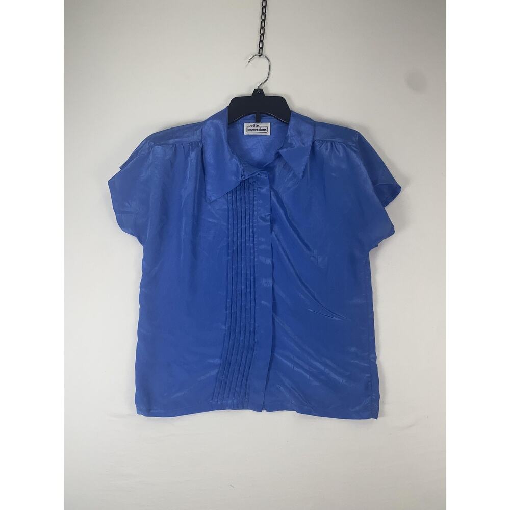 Petite Impressions Blouse Womens 8 Blue Pleated Front Short Sleeve Top